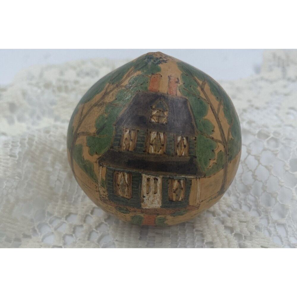 SALLY CAMMACK Hand Painted 2.5”Gourd with Houses, Farm, Trees & Horses Folk Art